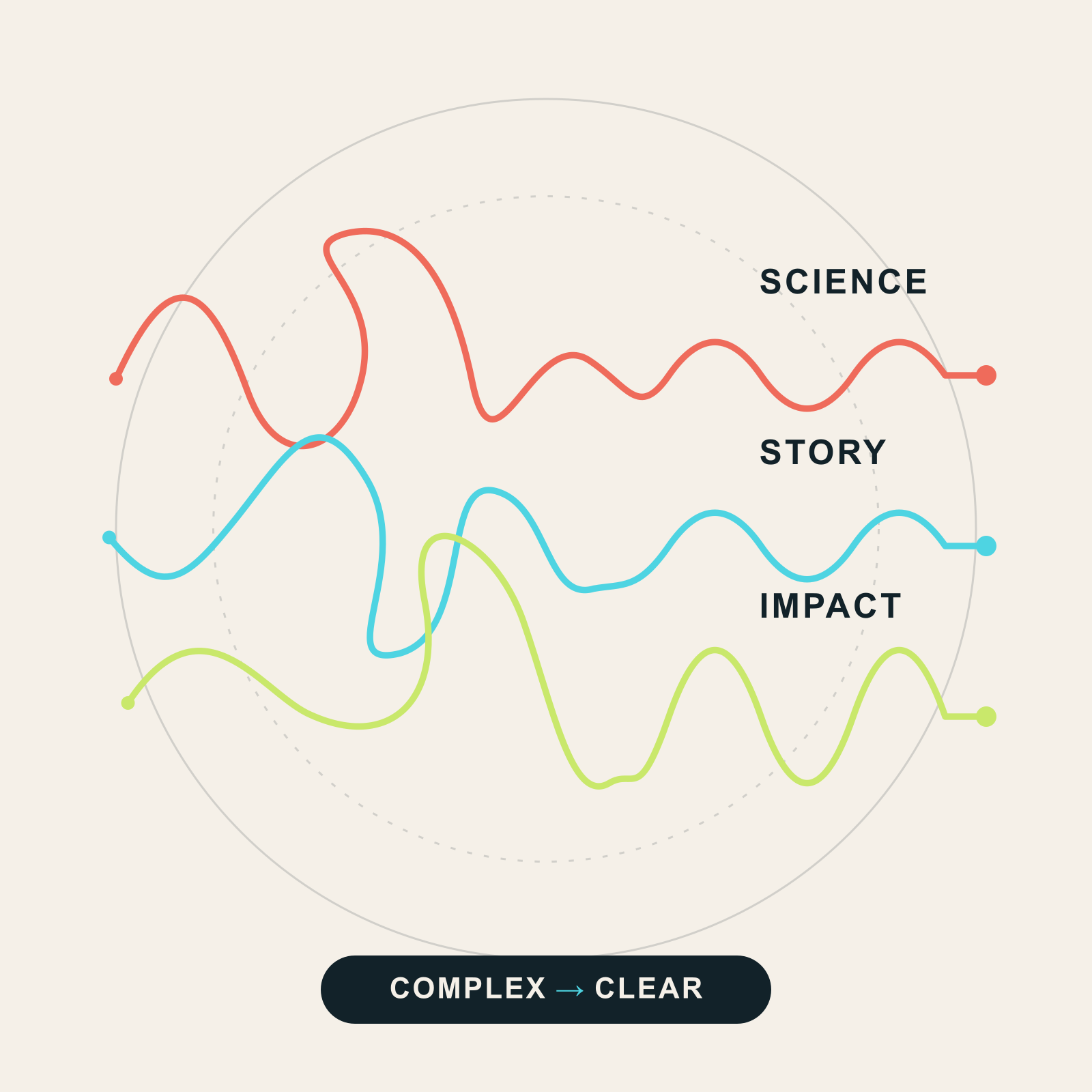 An illustrated system of coloured signal lines resolving into science, story and impact
